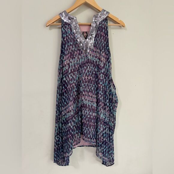 Free People Tunic Top Asymmetrical Purple Blue Sequin Collar Boho Lined Flowy - Picture 1 of 11